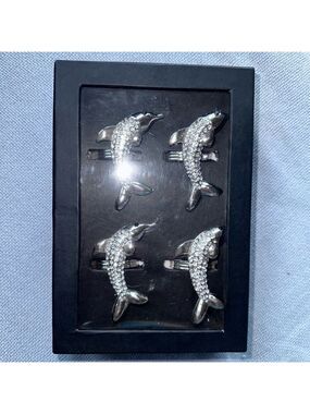 NIB Coastal Collection Dolphin Rhinestone Napkin Rings Silver Beach Decor Set